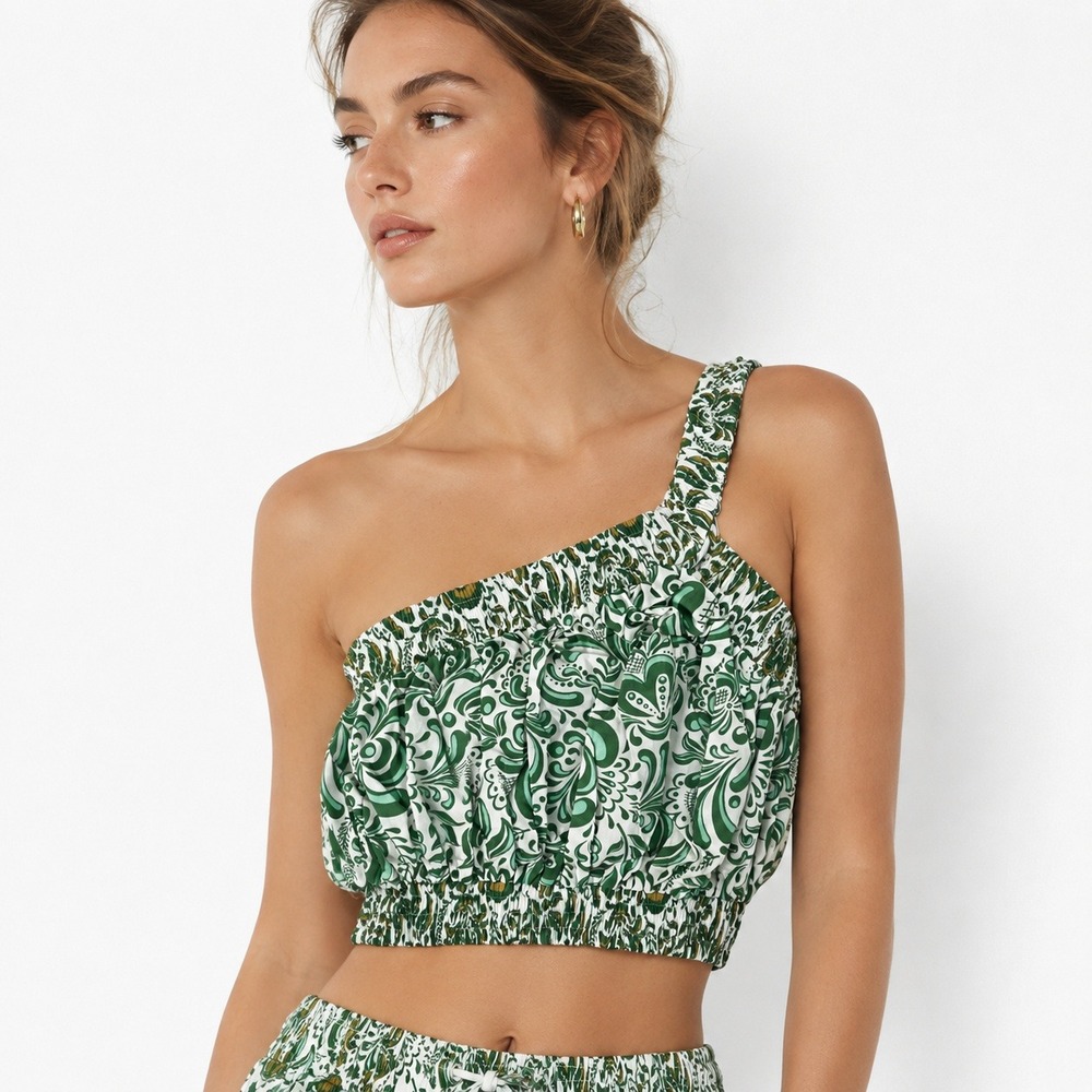 NWT Hyacinth House Border Print Asymmetrical Top XXS Green One Shoulder Crop